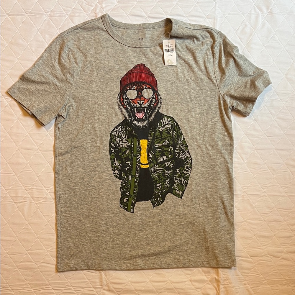 GAP Grey Short Sleeve Tee with Red Beanie Tiger Graphic